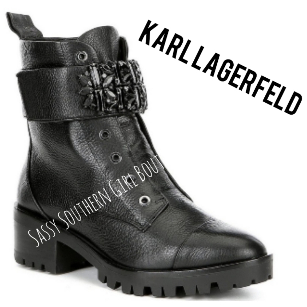⭐🆕Karl LAGERFELD black leather beaded combat boots